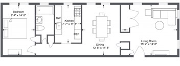 A black and white floor plan of an apartment with a living room, dining room, kitchen, and bedroom.