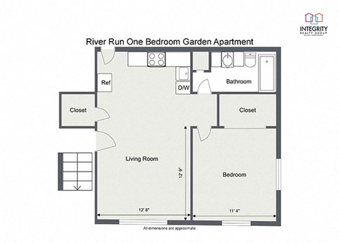 One bedroom One bathroom 650 Sq.Ft. Floor Plan at River Run Apartments - RYDYL I LLC, Integrity Realty LLC, Warren, OH, 44485