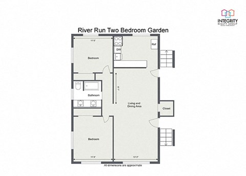 Two bedroom Two bathroom 1,030 Sq.Ft. Floor Plan at River Run Apartments - RYDYL I LLC, Integrity Realty LLC, Warren, OH