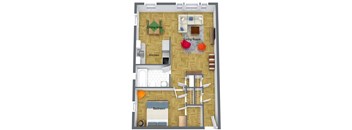 a floor plan of a 1 bedroom 1 bath apartment with dining area