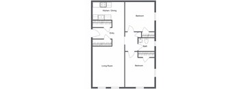 a floor plan of a 2 bedroom 1 bath apartment with a living room and a dining room