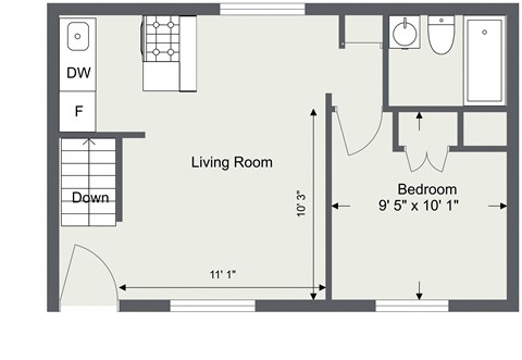 A floor plan of a living room and bedroom with dimensions.