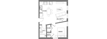 A floor plan of a house with a kitchen, living room, and bedrooms.
