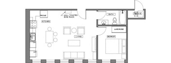 A floor plan of a house with a kitchen, living room, bedroom, and bathroom.