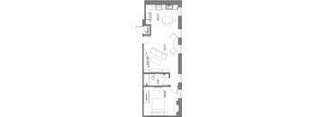 A floor plan of a house with a kitchen, living room, and dining area.