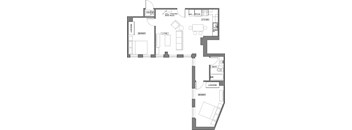 A floor plan of a house with a living room, kitchen, and two bedrooms.