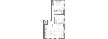 A floor plan of a house with a kitchen, living room, and bathrooms.
