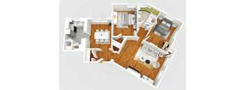 A 3D rendered image of a house layout.