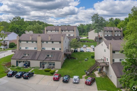 Aerial photo of Contemporary buildings at Woodland Pointe Apartments and Townhomes, Integrity Realty, Kent, Ohio