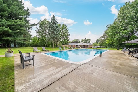 A large outdoor swimming pool surrounded by trees and a wooden deck.