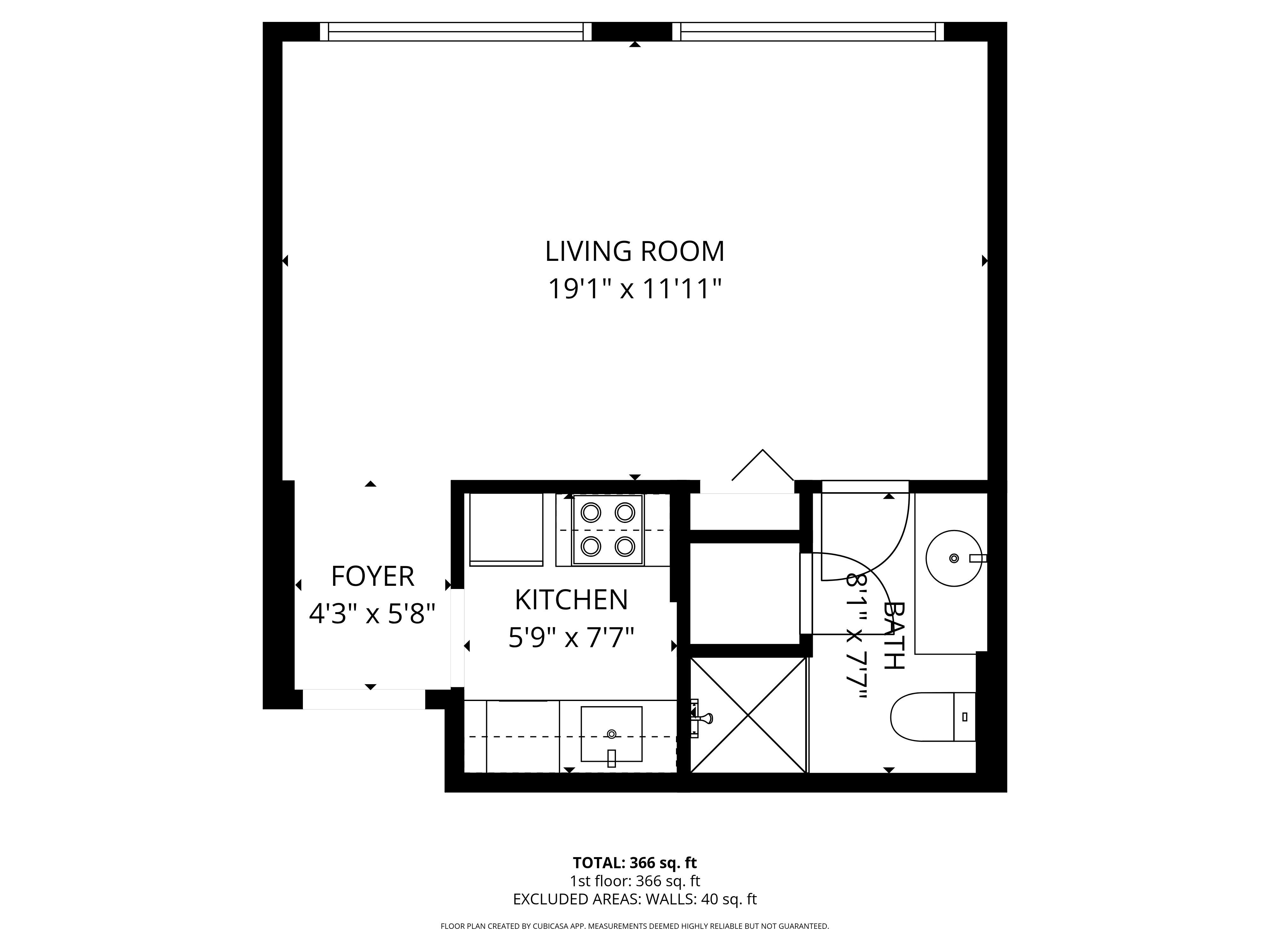 A floor plan of a studio apartment with a kitchen with a bathroom.