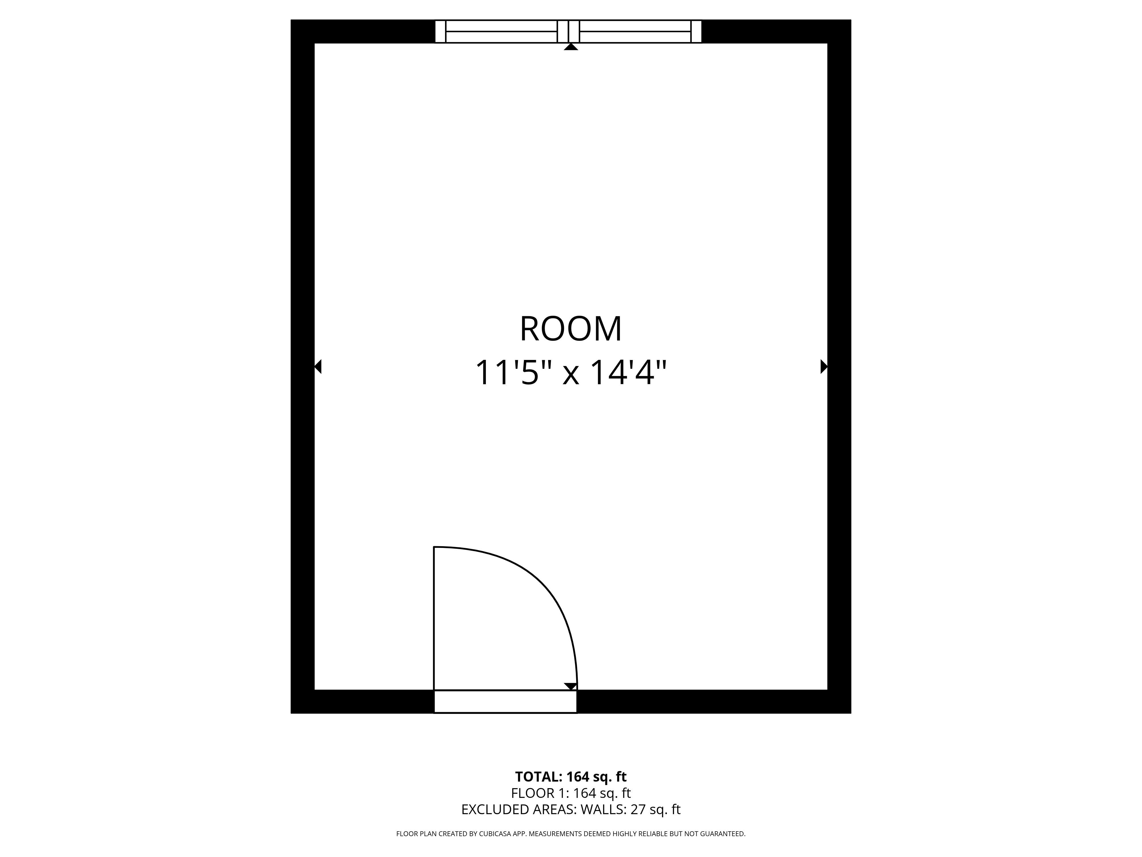 A black and white image of a room floor plan with a total area of 164 sq. ft.