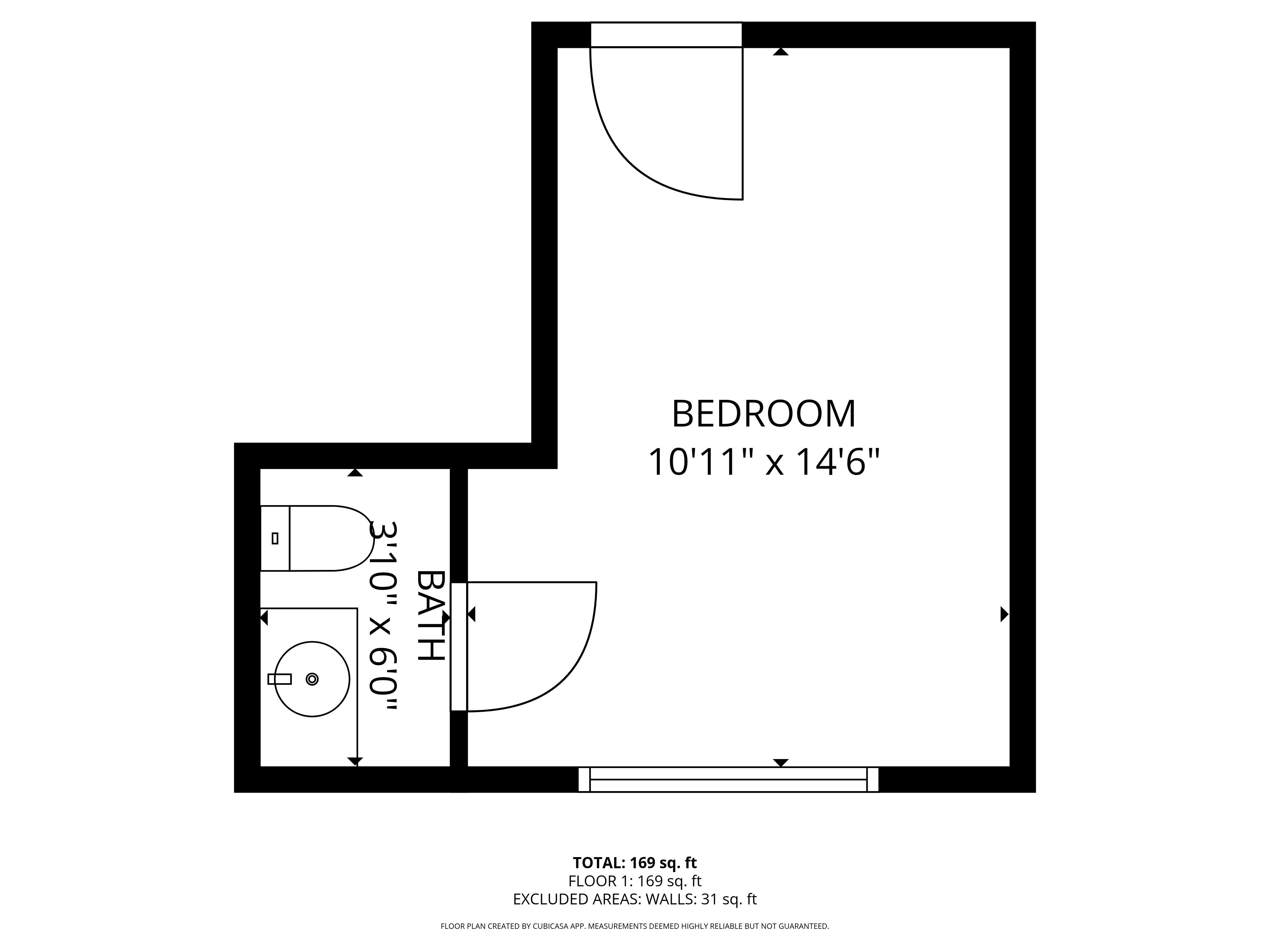 A drawing of a bedroom with dimensions and a bathroom.