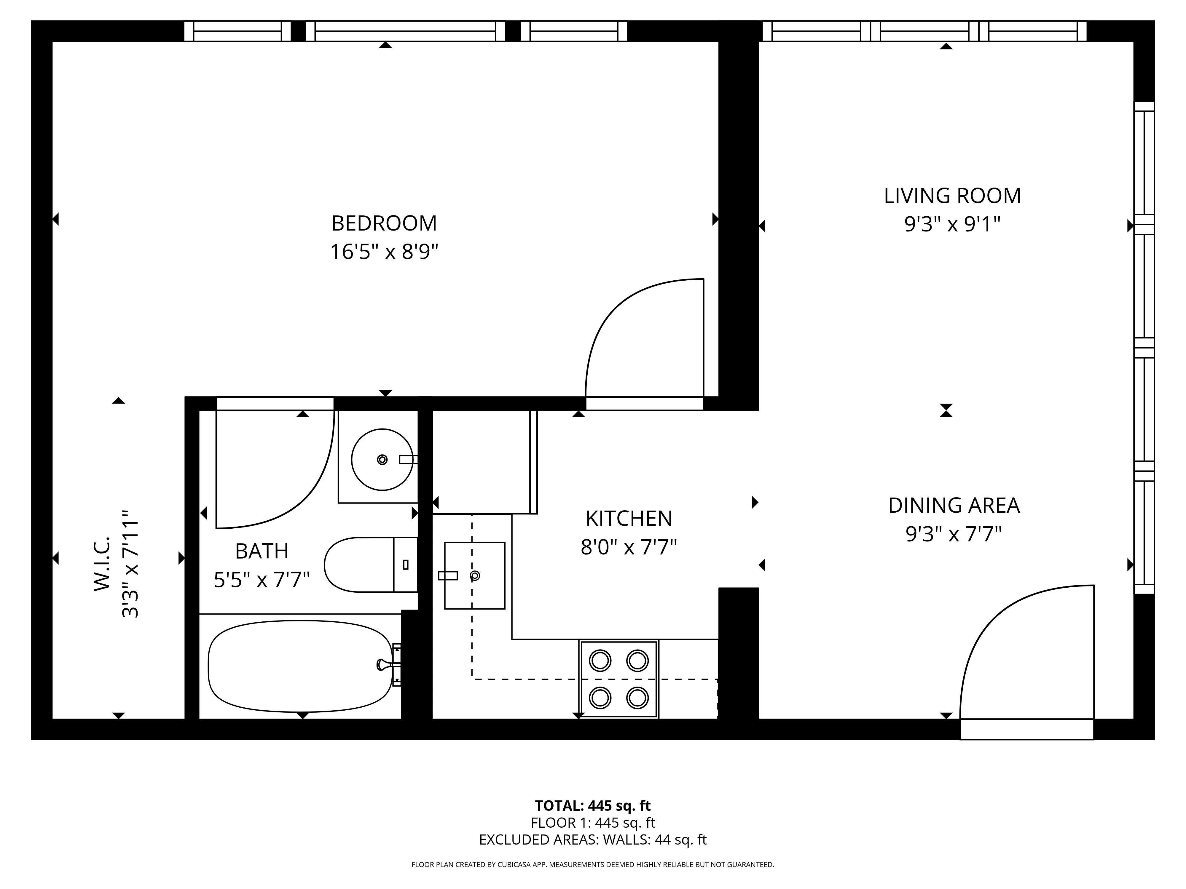 A black and white image of a floor plan for a home with a living room, kitchen, dining area, and bath.