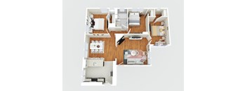A floor plan of an apartment with a kitchen, living room, and three bedrooms.