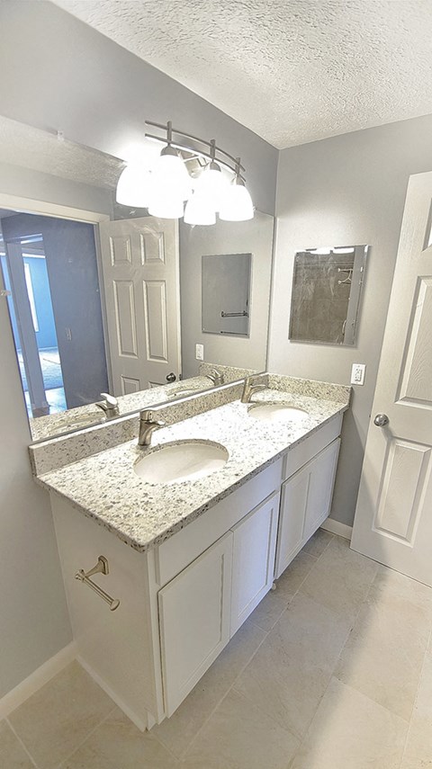 a bathroom with two sinks and a mirror