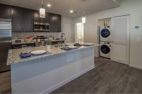 A modern kitchen with dark cabinets and stainless steel appliances.
