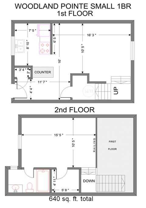 1 Bedroom 1 Bath 640 Sq. Ft  Small Loft Floor Plan at Woodland Pointe Apartments and Townhomes, Integrity Realty, Kent, OH, 44240