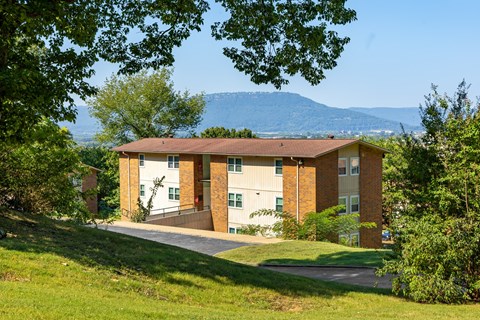A building with a brown roof is surrounded by greenery and trees.