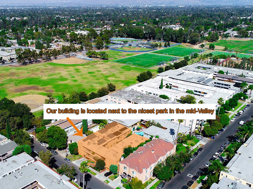 Aerial drone view of Tilden 2 Apartments, showing nearby Sherman Oaks Park.