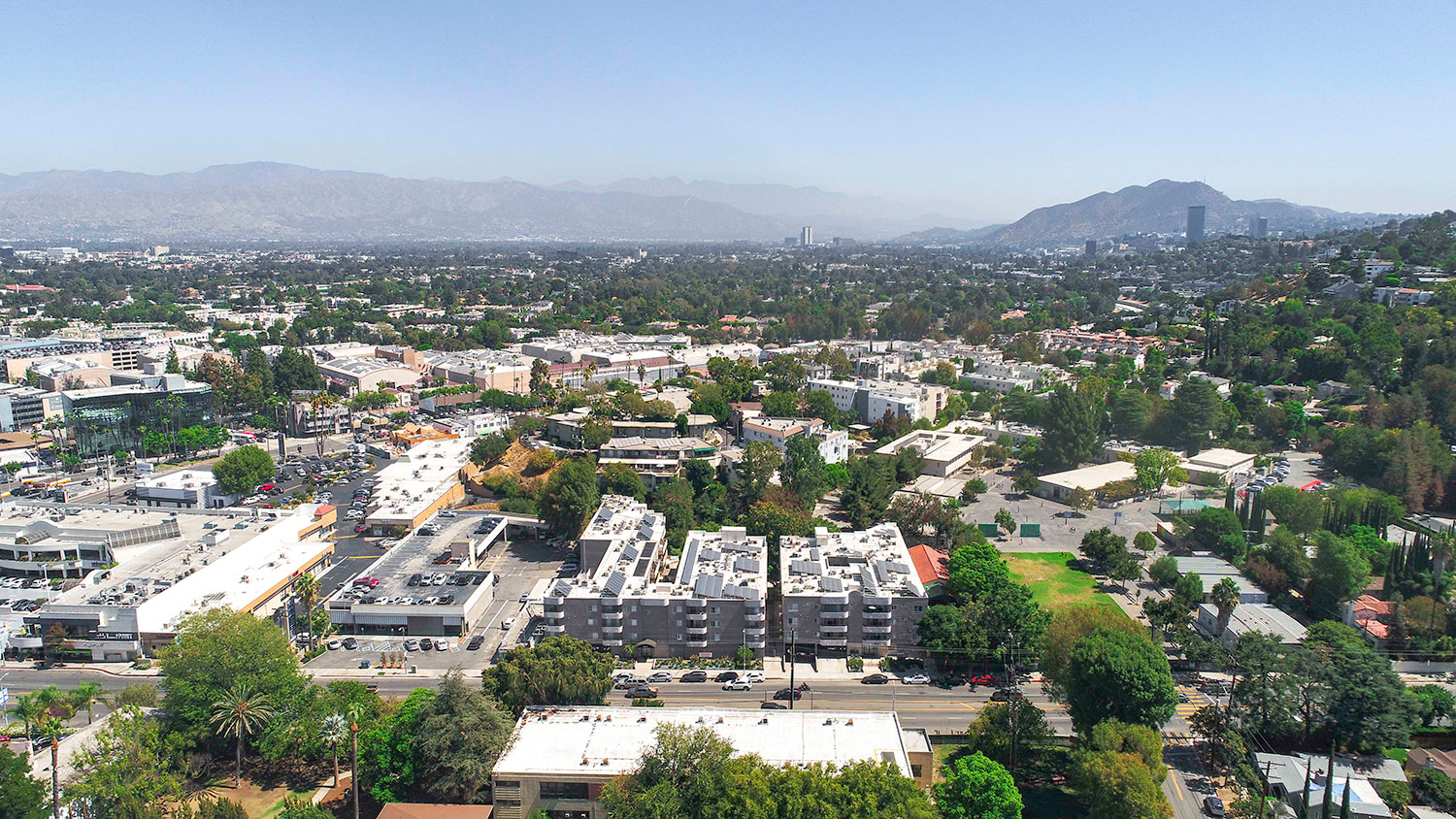 Drone view of Catalina Apartments, a short distance to Ventura Boulevard.