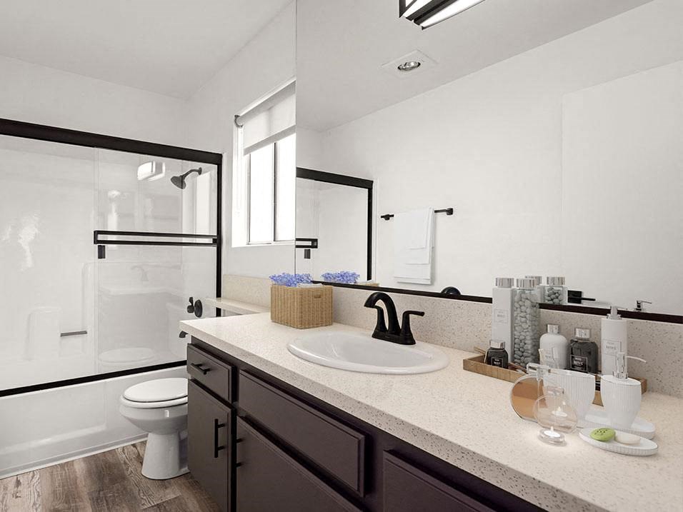 Modern styled bathroom with shower and tub.
