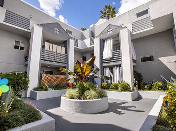 Lushly gardened interior courtyard.