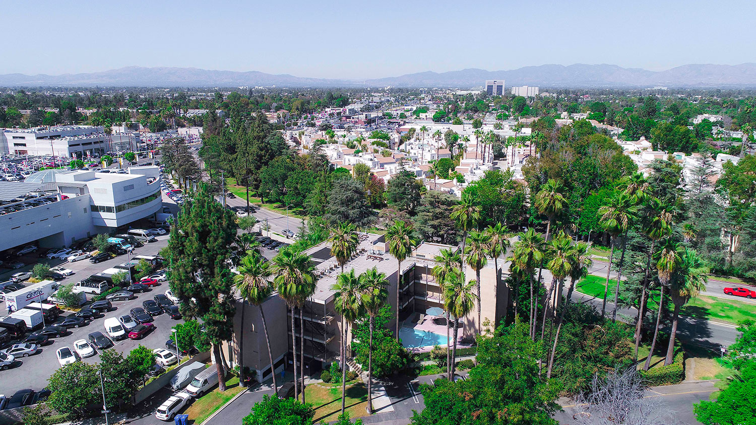 Aerial drone image of Chandler Circle Apartments and the Sherman Oaks neighborhood surrounding.