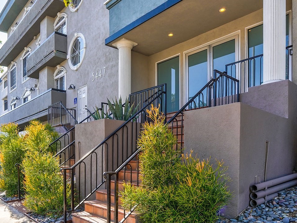 Entrance to Chateau Encino including drought tolerant landscaping.