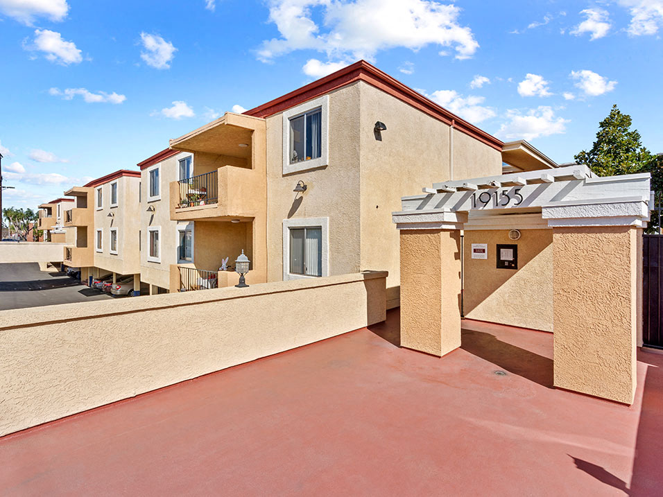 Entrance to 19155 Riverbridge Apartments.