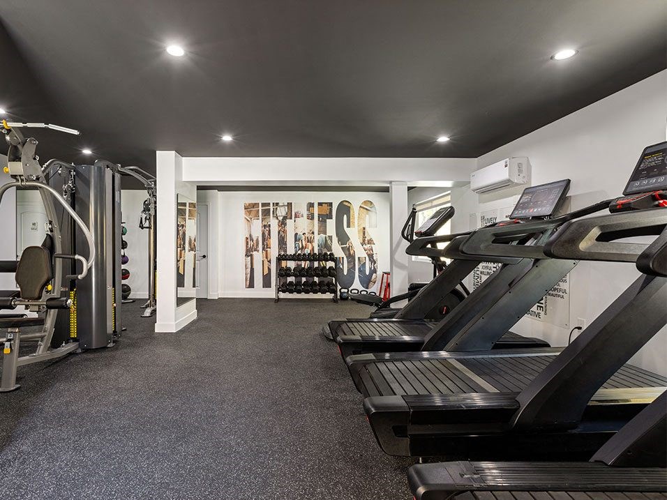 Brand-new fitness center with treadmills, machines, and free weights.