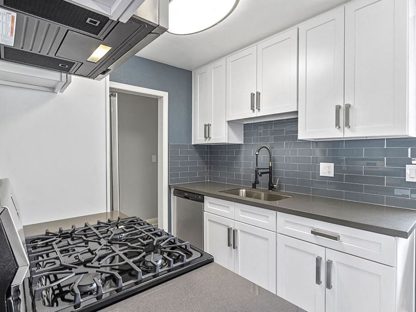 Kitchen with blue tile backsplash and stainless steel Stove, Oven, and fixtures. - Photo Gallery 1