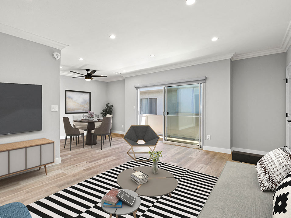 a living room with a rug and a television