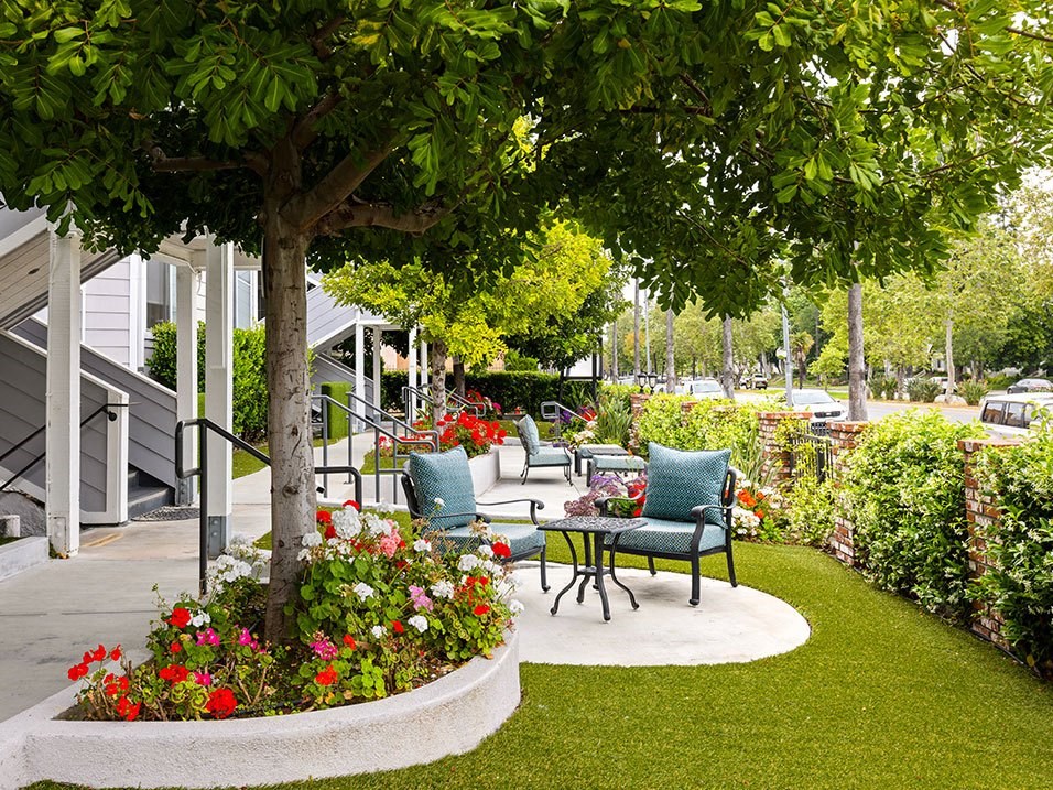 Outdoor patios and seating areas facing Corbin Ave.