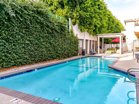 Community pool and lounging area at Woodridge Apartments.