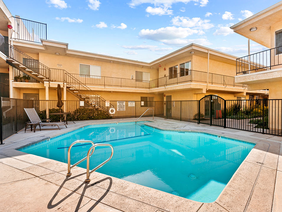 Five large outdoor pools in each of five individual buildings.