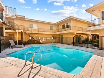 Five large outdoor pools in each of five individual buildings.