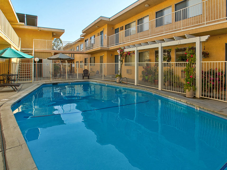 Large solar heated pool  in Woodbridge Park courtyard.