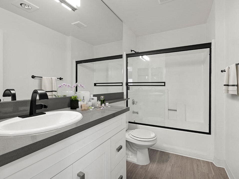 Modern styled bathroom with shower and tub.