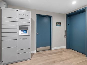 A LUXER storage unit is in a room with a blue door.