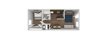 A 3D rendered image of a modern apartment layout.