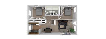 A 3D rendered image of a modern apartment layout.