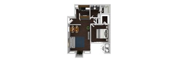 A top down view of a house with a kitchen, living room, and bathroom.
