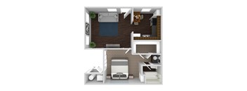 A 3D floor plan of a small apartment with a kitchen, living room, and bedroom.