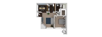 A top down view of a house with a kitchen, living room, and bathroom.