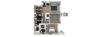 A 3D floor plan of a house with a kitchen, living room, and two bedrooms.