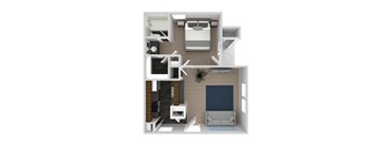A 3D floor plan of a small apartment with a living room, kitchen, and bathroom.