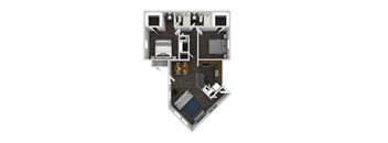 A 3D layout of a house with a kitchen, living room, and bathroom.
