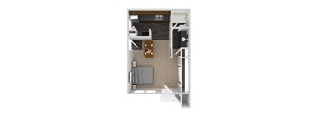 A top down view of a room with a couch, a bed, a table, and a door.