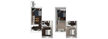 A series of three images showing different layouts of a small apartment.